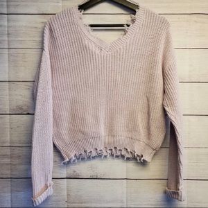 Jessica Simpson Distressed Cropped V-Neck Pullover Sweater